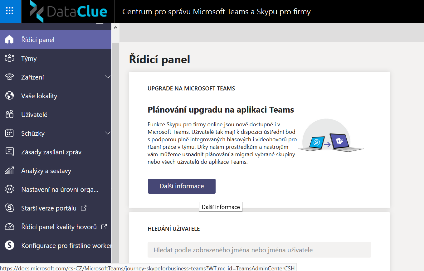 Řídící panel pro správu MS Teams v Centru pro správu Microsoft Teams