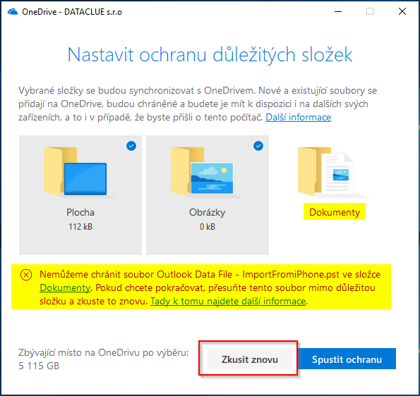 OneDrive - chyby v ochraně důležitých složek